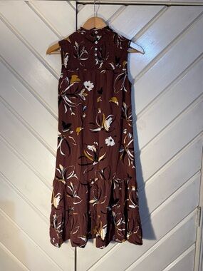 DR2 Brown Floral Smocked Midi Dress with Mustard & White Accents